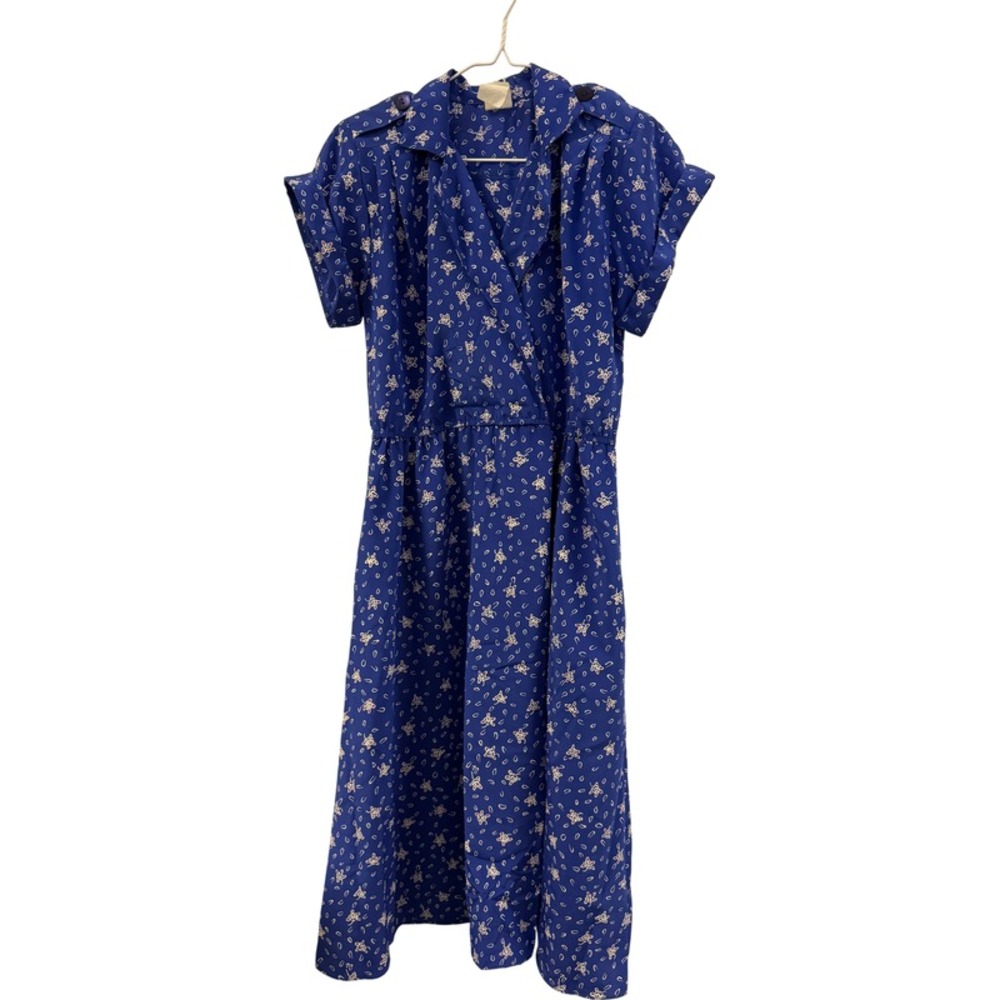 Blue Confetti Floral Print Dress JR Too Short Sleeve Size M Vintage‎ Teachercore